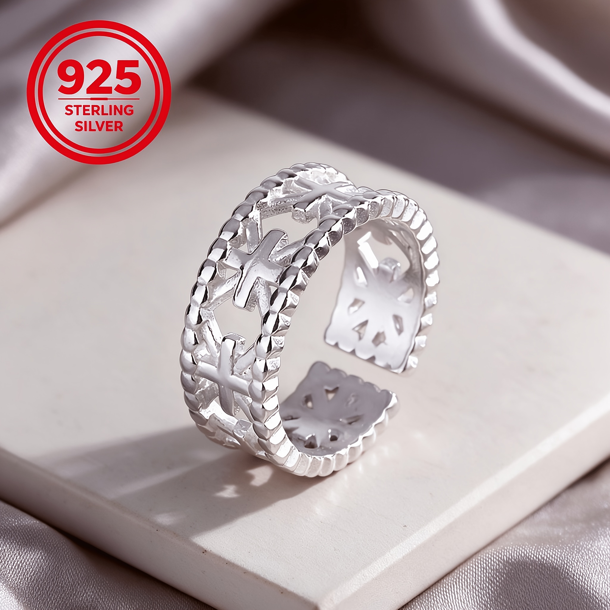 Women's 925 Silver Hypoallergenic Adjustable Open Cross Ring